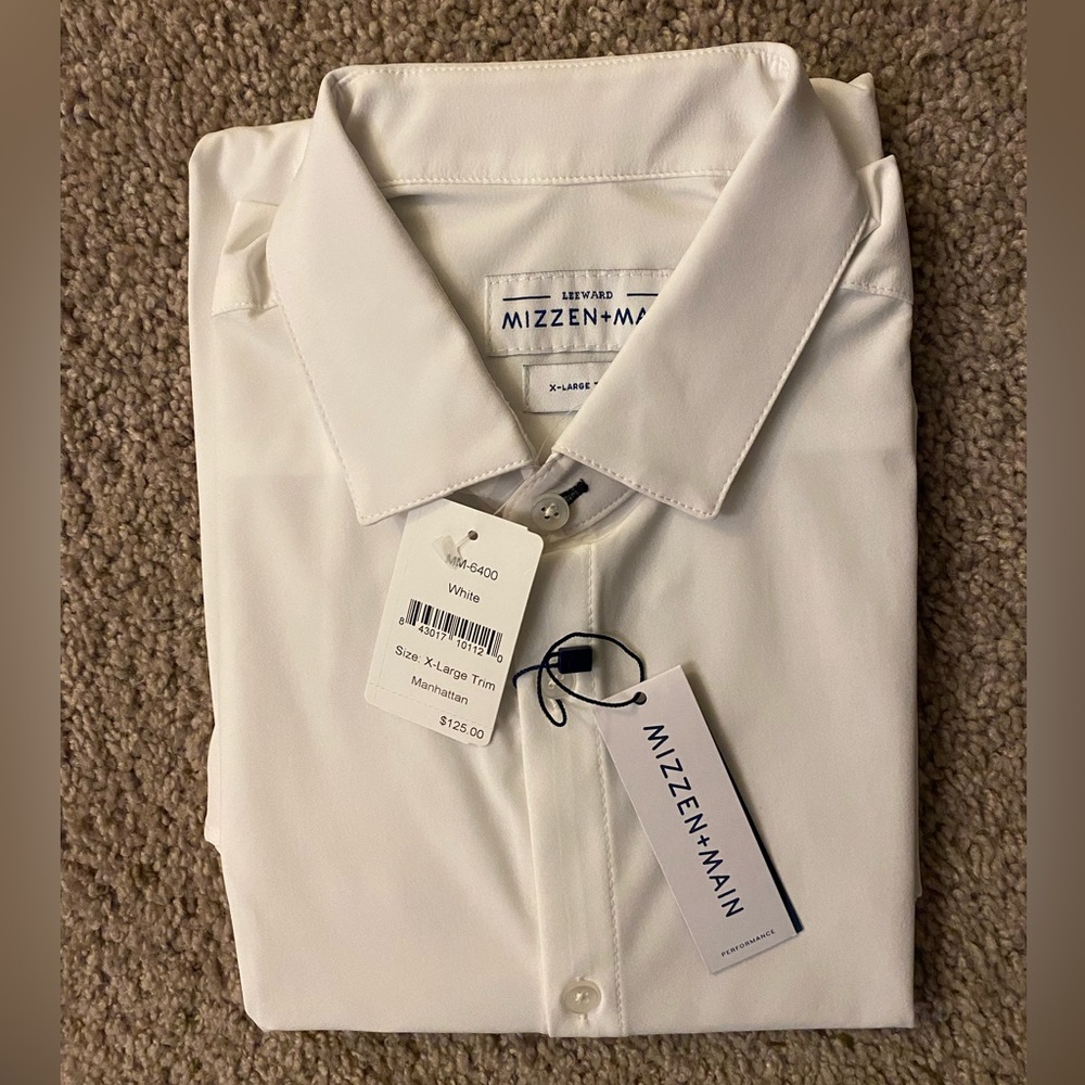 Mizzen+Main mens long sleeve plain white dress shirt. XL trim fit.